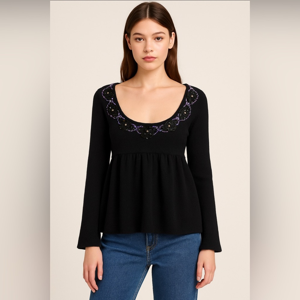 Free People Black Beaded Babydoll Open Back Peplum Sweater Size M